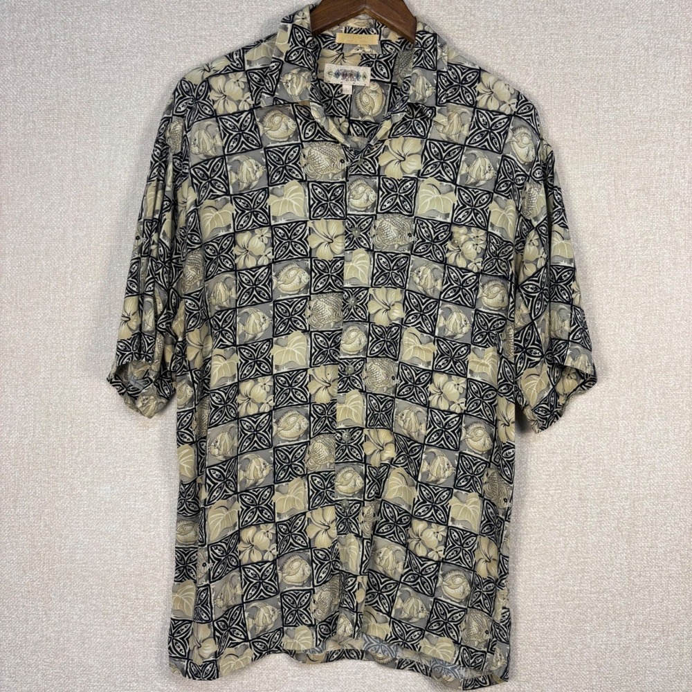 Campia Mens Large Rayon Aloha Shirt Tropical Fish Hibiscus Geometric Tan Grey